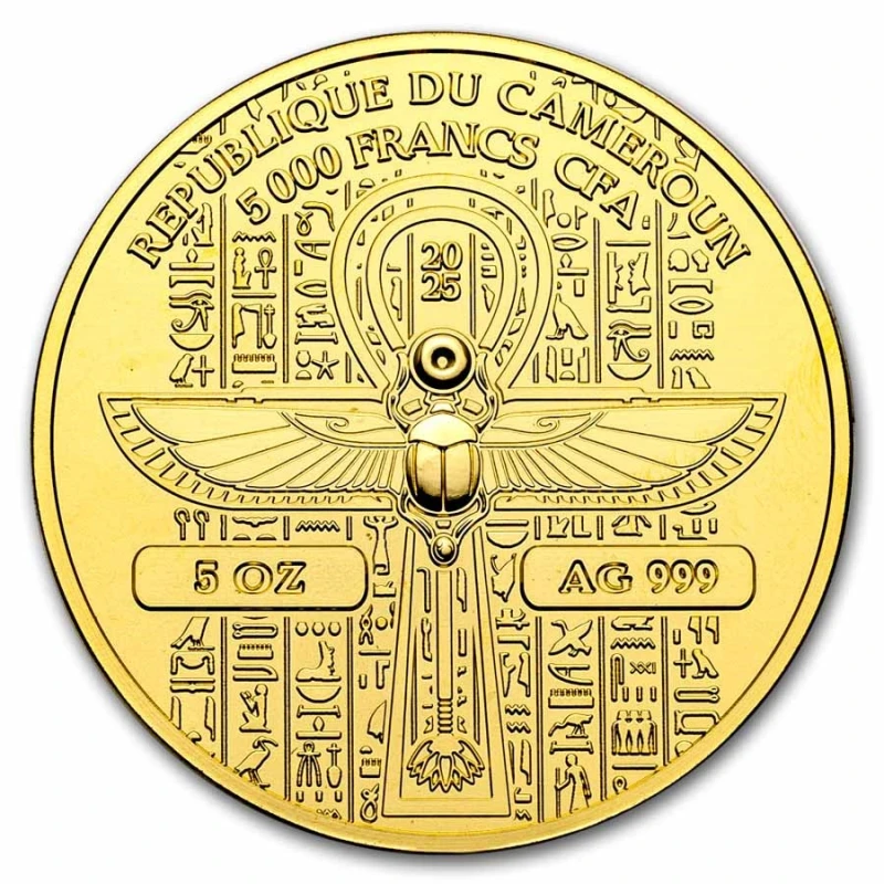 Camerun: moneta d'argento Iside 2025 in alto rilievo dorata da 5 once Monete da collezione