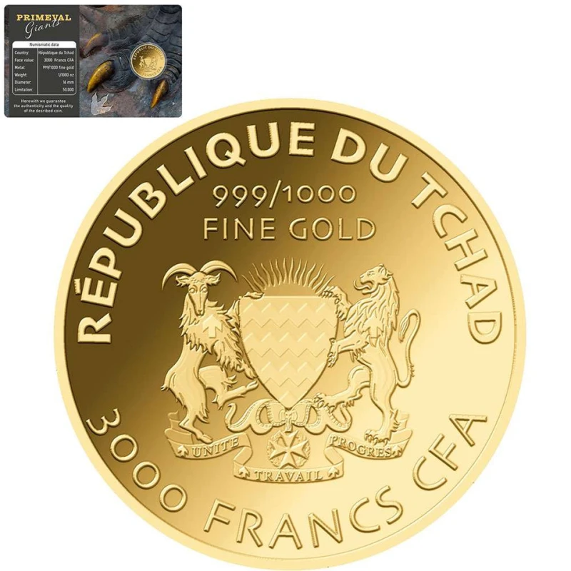 Ciad: moneta d'oro Tyrannosaurus Rex 1/1000 oz Monete da collezione