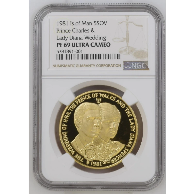 Isola di Man: moneta d'oro Matrimonio del principe Carlo e Diana Spencer, 1981 GRADUATORIA 36,61 g  Monete da collezione