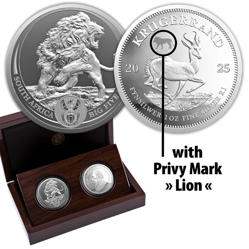 Sudafrica: monete d'argento Leone e Krugerrand 2025 Proof set da 2 once Monete da collezione