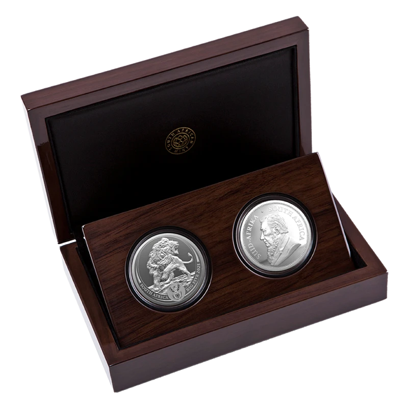 Sudafrica: monete d'argento Leone e Krugerrand 2025 Proof set da 2 once Monete da collezione