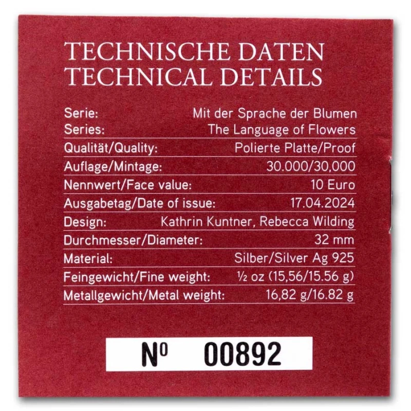 Moneta d'argento dell'Austria Peonia 2024 Proof 1/2 oz. Monete da collezione