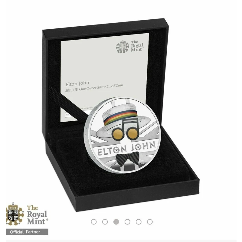 Regno Unito: moneta d'argento Elton John 2020 Proof colorata da 1 oncia Monete da collezione