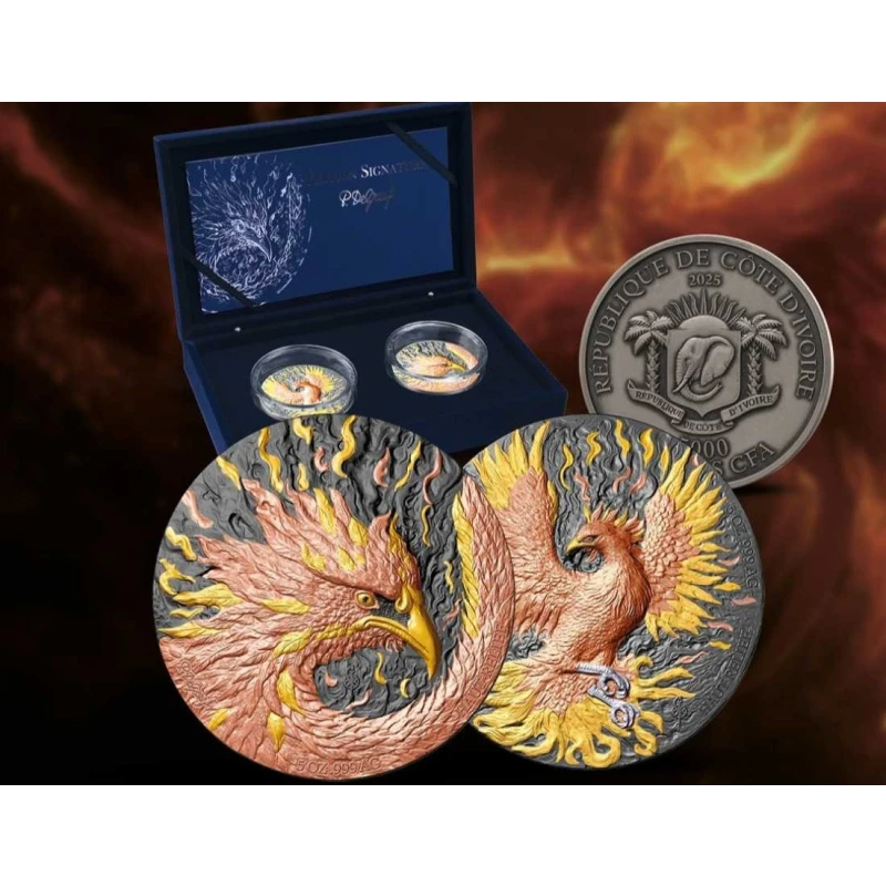 Repubblica della Costa d'Avorio: monete d'argento Phoenix 2025 da 10 oncia Monete da collezione