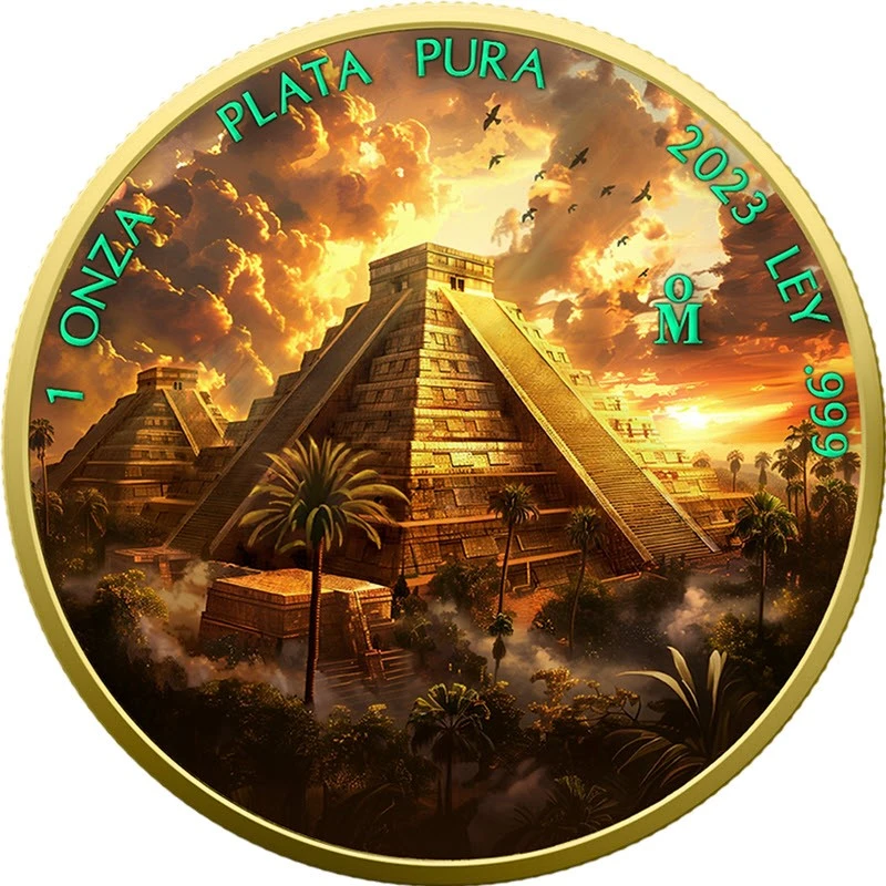 Messico: moneta d'argento Tempio Azteco 2023 colorata e dorata da 1 oncia Monete da collezione