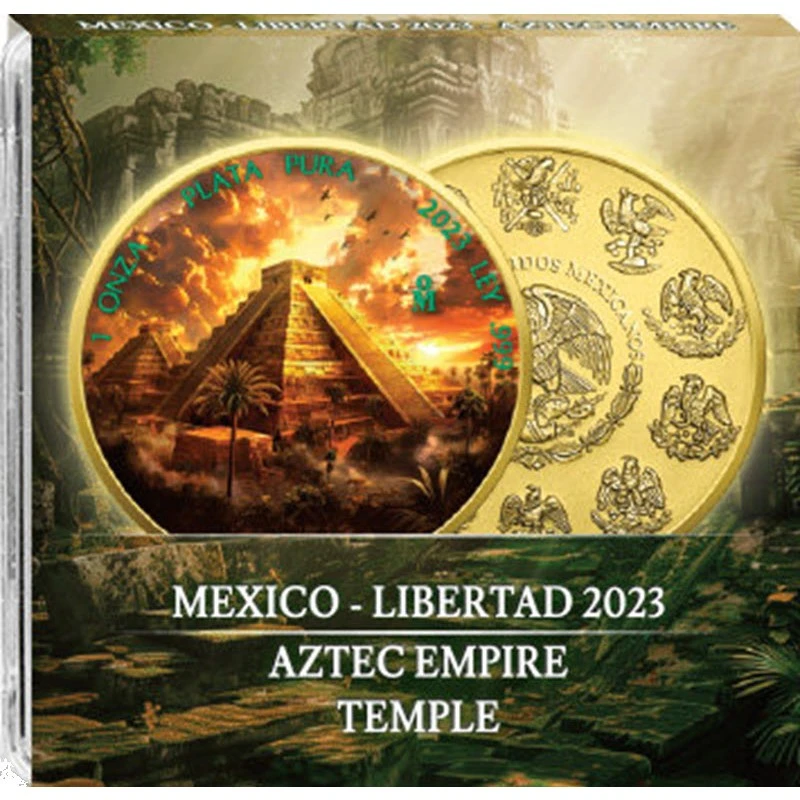Messico: moneta d'argento Tempio Azteco 2023 colorata e dorata da 1 oncia Monete da collezione