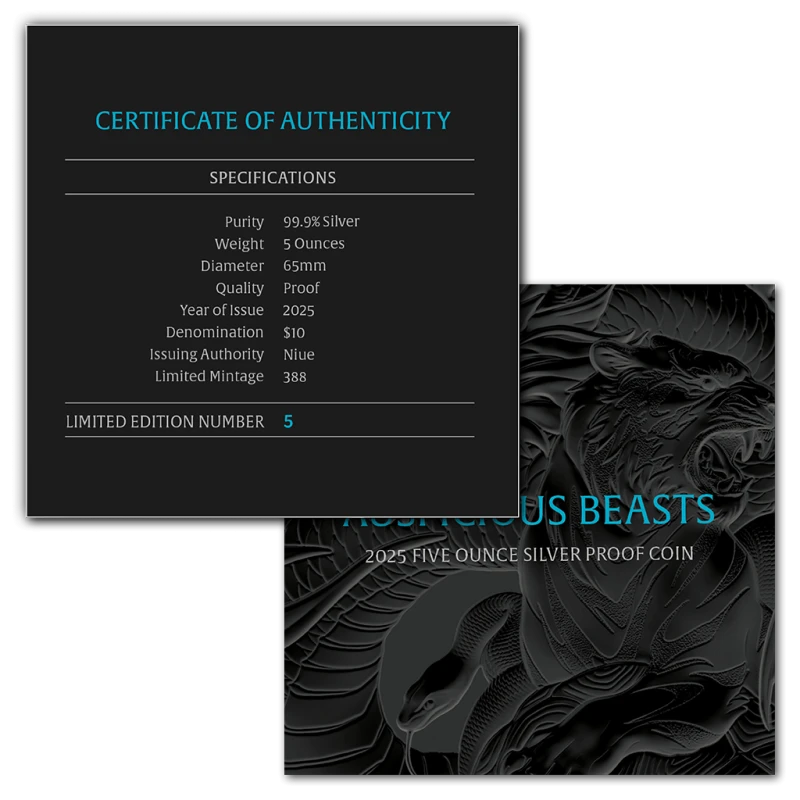Niue: moneta d'argento Auspicious Beasts 2025 Proof colorata da 5 oncia Monete da collezione