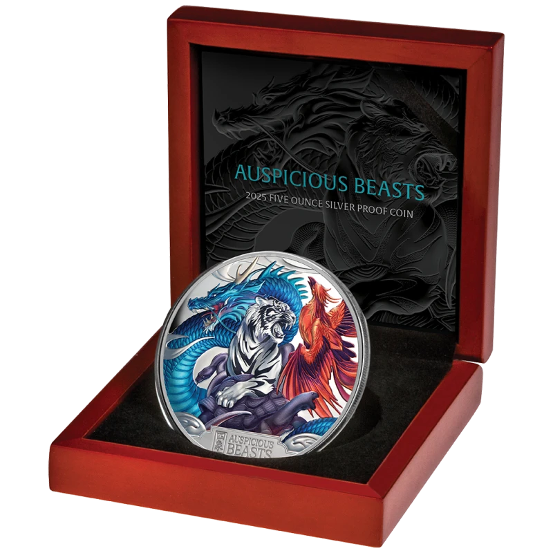 Niue: moneta d'argento Auspicious Beasts 2025 Proof colorata da 5 oncia Monete da collezione