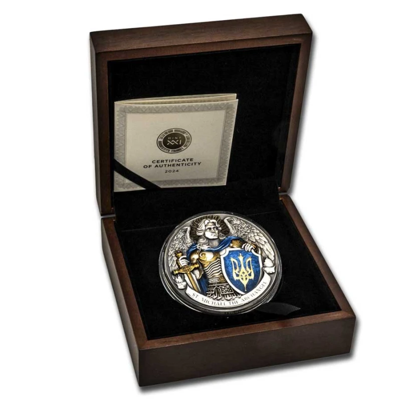 Niue: moneta d'argento San Michele Arcangelo 2024 colorata da 5 oncia Monete da collezione