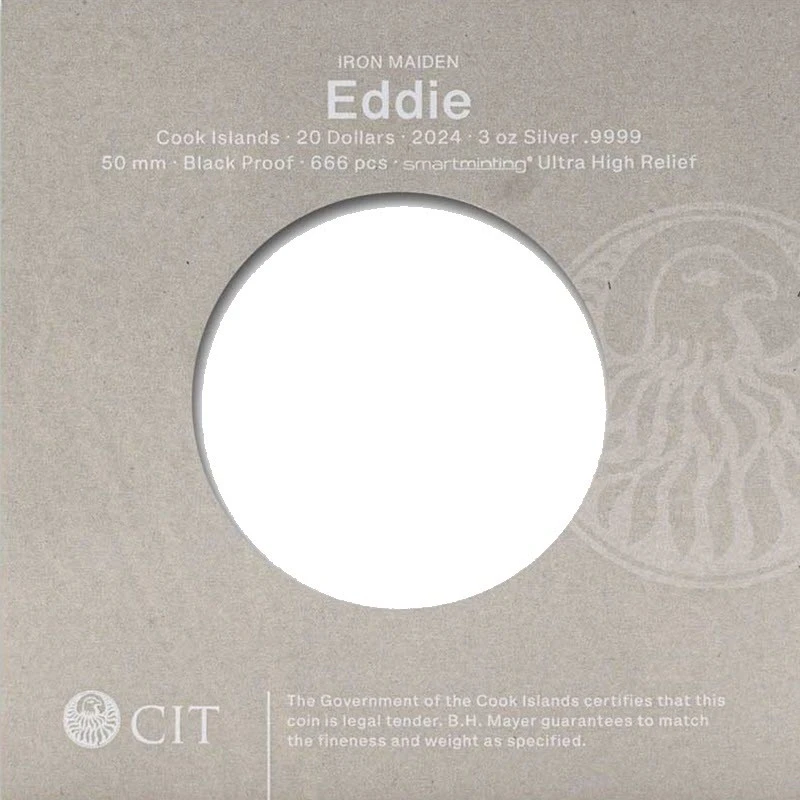Isole Cook: moneta d'argento IRON MAIDEN Eddie 2024 Black Proof 3 oz Monete da collezione