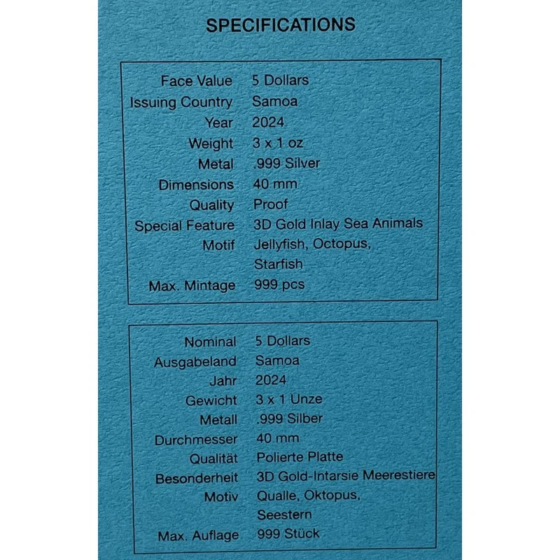 Samoa: monete d'argento Golden Sea Animals 2024 Proof dorate set 3 oncia Monete da collezione