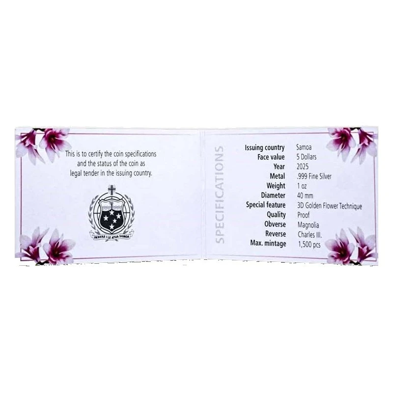 Samoa: moneta d'argento Magnolia 2025 Proof dorata da 1 oncia Monete da collezione