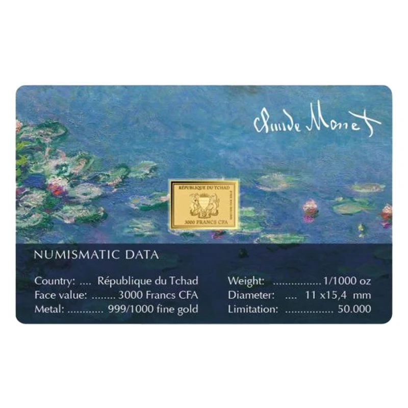 Moneta d'oro del Ciad Claude Monet Ninfee 1/1000 oncia Monete da collezione