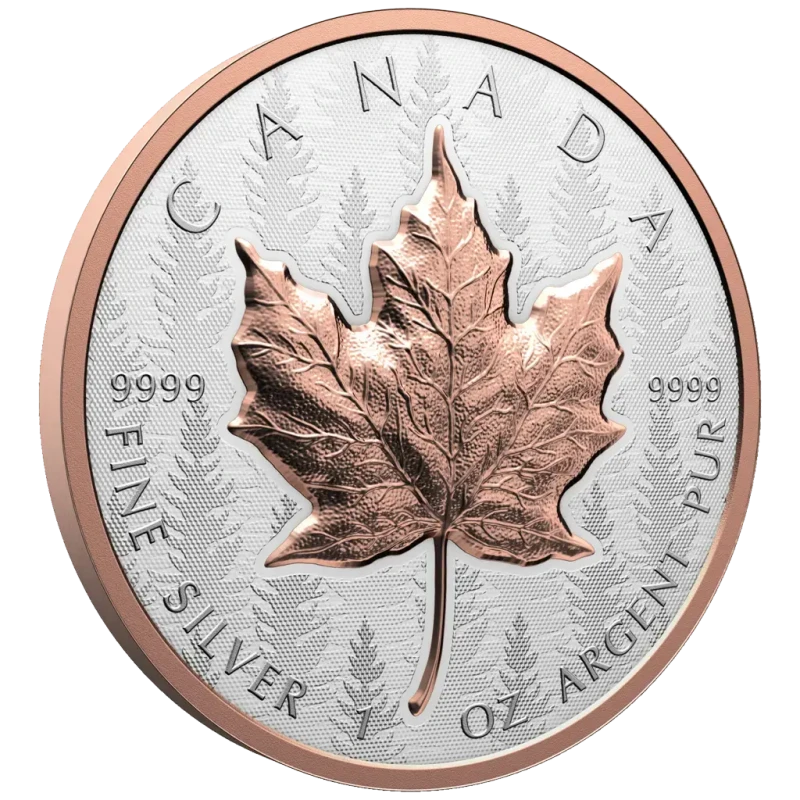 Moneta d'argento del Canada Foglia d'acero 2025 placcata in oro rosa da 1 oncia Monete da collezione