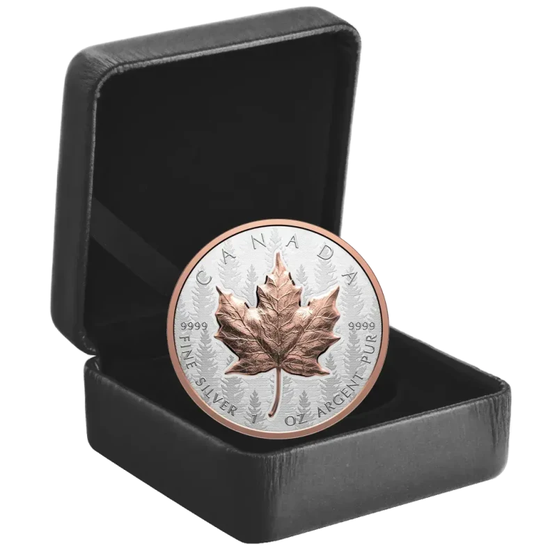 Moneta d'argento del Canada Foglia d'acero 2025 placcata in oro rosa da 1 oncia Monete da collezione
