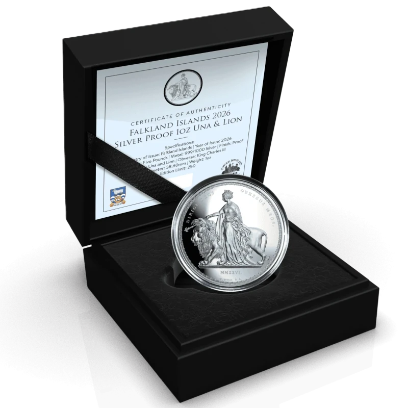 Moneta d'argento delle Isole Falkland Una e il Leone 2026 Proof 1 oncia Monete da collezione