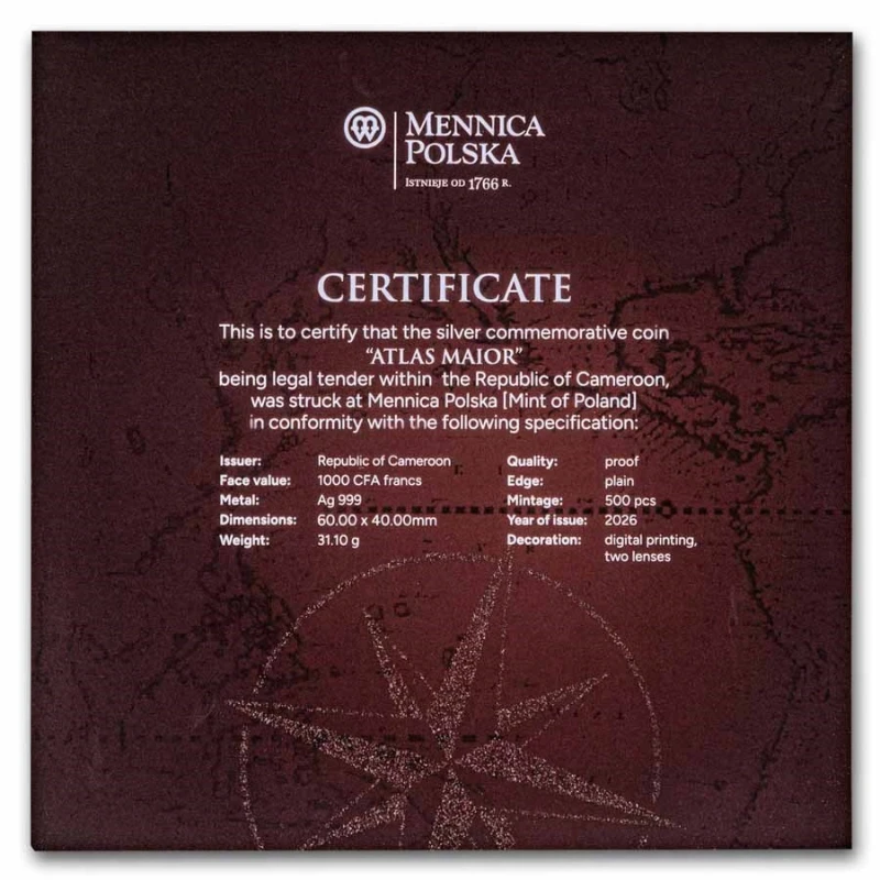 Moneta d'argento del Camerun Atlas Maior 2026 Proof 1 oncia Monete da collezione