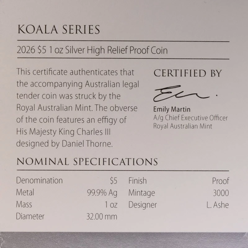 Moneta d'argento Australia Koala 2026 RAM Proof 1 oncia Monete da collezione